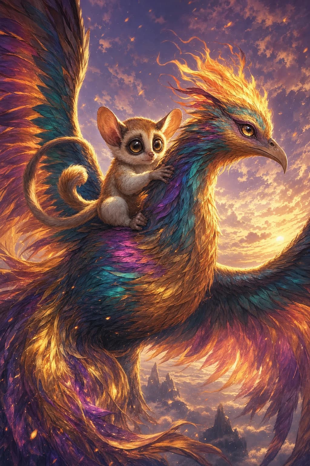 Mochi the pet familiar — a bush baby riding an iridescent phoenix through golden clouds