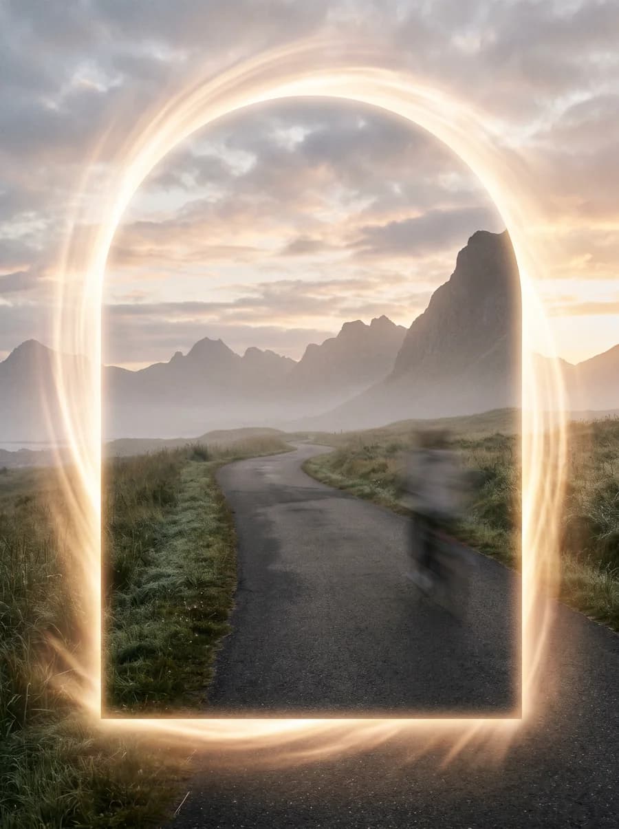 Dawn coastal running path seen through a warm-gold portal archway